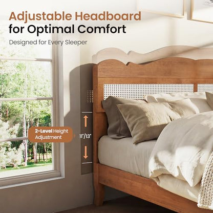 Solid Wood Queen Bed Frame with Adjustable Headboard