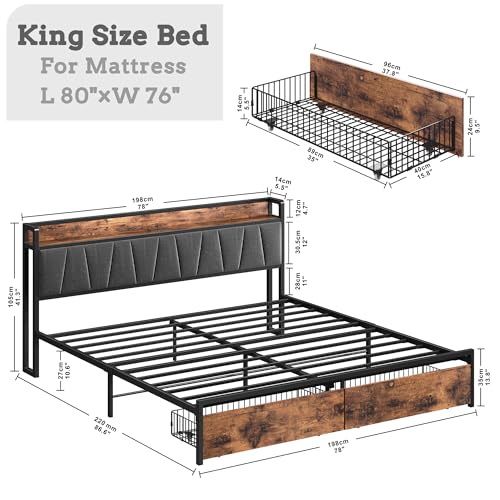 King Size Bed Frame with 2 Drawers and Charging Station | Platform Bed with Upholstered Storage Headboard, No Box Spring Needed, Easy Assembly, Sturdy, Industrial Brown and Gray