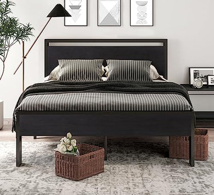 Full Size Bed Frame, Wooden Headboard and Footboard, Black Oak | Rounded Corners, 12 Metal Slats, Noise-Free Design, 12-Inch Storage, No Box Spring, 40-Minute Assembly