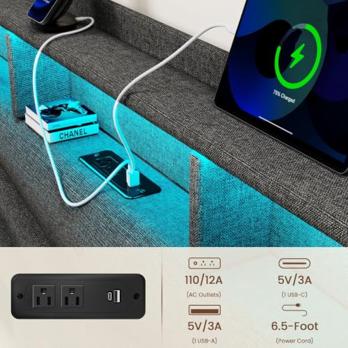 King Size Bed Frame with 2 Storage Drawers,Upholstered Headboard | LED Light, Charging Station, No Box Spring Needed, Easy to Assemble, Dark Grey