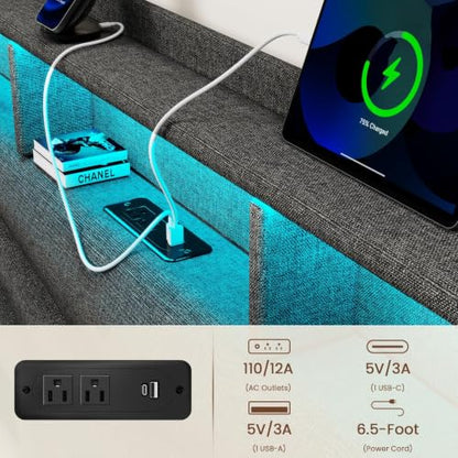 King Size Bed Frame with 2 Storage Drawers,Upholstered Headboard | LED Light, Charging Station, No Box Spring Needed, Easy to Assemble, Dark Grey