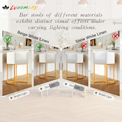 Modern Counter Height Bar Stools,Bar Stools Set of 2,Fabric Upholstered Barrel Barstools with Backs,26'' Kitchen Island Chairs,Metal Gold Frames,Off White Linen