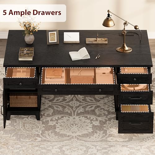 Farmhouse Executive Desk with File Drawers, 60 in Home Office Desk with Charging Station, Wooden Computer Desk with Cabinet Storage for Work Study Writing, Rustic Black