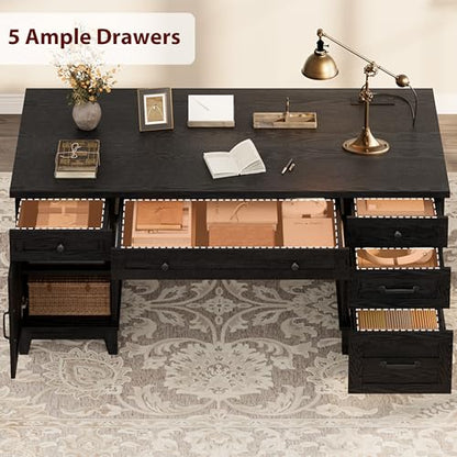 Farmhouse Executive Desk with File Drawers, 60 in Home Office Desk with Charging Station, Wooden Computer Desk with Cabinet Storage for Work Study Writing, Rustic Black