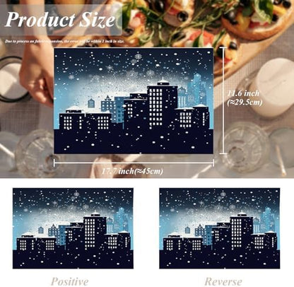 Shrahala Winter City Silhouette Placemats, Urban Falling Snowflakes Table Mat Linen Burlap Washable Double-Deck Heat Insulation for Dining Table Kitchen Table Set of 4 (12 x 18 inch)