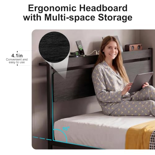 Queen Bed Frame with Drawers, Platform Bed with LED Lights & Charging Station, Wood Headboard, Strong Metal Slats Support, No Box Spring Needed, Noise Free, Easy Assembly