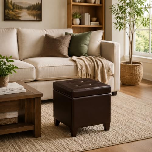 Leather Ottoman with Storage,18" Square Ottomans Foot Rest with Hinged Lid & Solid Wood Legs Upholstered Cube Footstool Hidden Storage for Living Room, Bedroom(Brown)