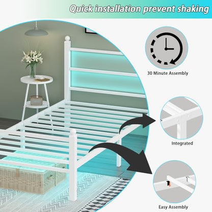 Twin Bed Frames with Headboard and Footboard,White Metal Platform Bed Frame with RGB LED Lights and USB Charging Station,Under Bed Storage,No Box Spring Needed,Suitable for Bedrooms