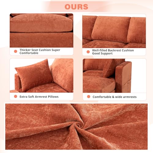 110” Chenille 4-Seats Sofa W/Two Movable Ottomans, Orange | Modern Fabric U-Shaped Couch w/Soft Backrests, Upholstered Sectional Sofa w/Arm Pillows for Living Room, Office