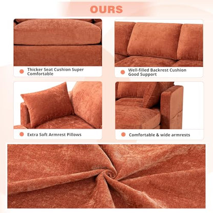 110” Chenille 4-Seats Sofa W/Two Movable Ottomans, Orange | Modern Fabric U-Shaped Couch w/Soft Backrests, Upholstered Sectional Sofa w/Arm Pillows for Living Room, Office
