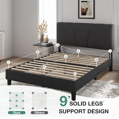 Queen Bed Frame with Headboard, Bed Frame Queen Size with Wood Slats Support,Linen Upholstered Adjustable Headboard, No Box Spring Needed, Heavy Duty Feet, Easy Assembly, Dark Grey