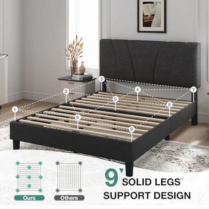 Queen Bed Frame with Headboard, Bed Frame Queen Size with Wood Slats Support,Linen Upholstered Adjustable Headboard, No Box Spring Needed, Heavy Duty Feet, Easy Assembly, Dark Grey