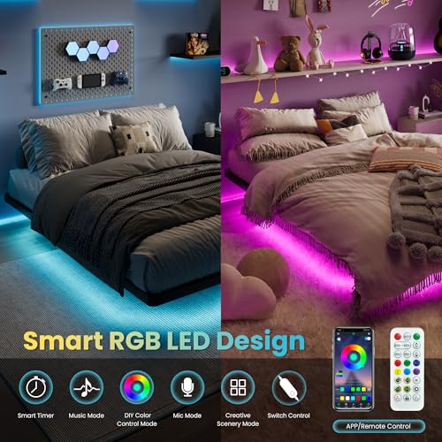 Full Size Floating Bed Frame with Smart LED Lights, Black