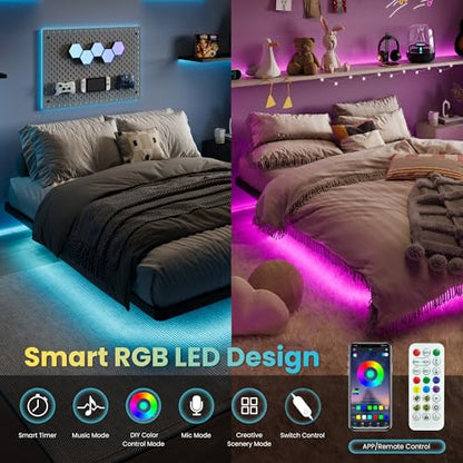 Full Size Floating Bed Frame with Smart LED Lights, Black
