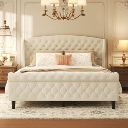 Queen Platform Bed Frame, Velvet Upholstered Sleigh Bed with Wingback Tufted Headboard and Footboard, Noise-Free Design, Easy Assembly, No Box Spring Needed, Light Beige