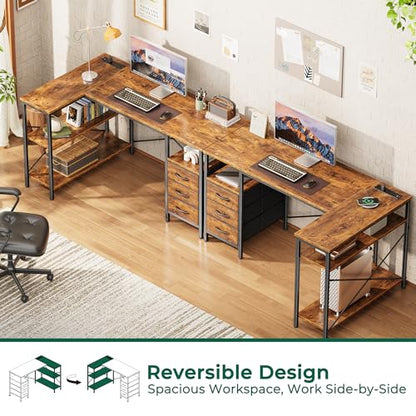 L Shaped Office Desk with Power Outlets & 3 Drawers