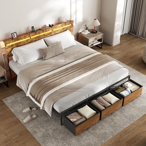 King Size Bed Frame with Wood Headboard,3 Storage Drawers & Shelf