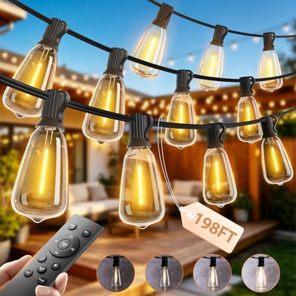 198FT Outdoor String Lights for Outside with Remote Waterproof Patio Lights with Plastic ST38 LED Edison Bulbs Outdoor Lighting Extra Long for Backyard Bistro Porch Garden Pergola Party Decor