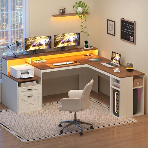 63" Farmhouse L Shaped Desk with Drawers & Storage Shelves for Home Office