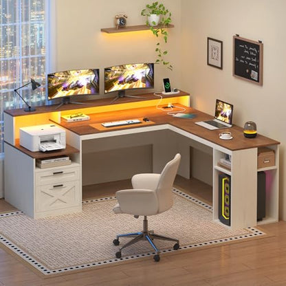 63" Farmhouse L Shaped Desk with Drawers & Storage Shelves for Home Office