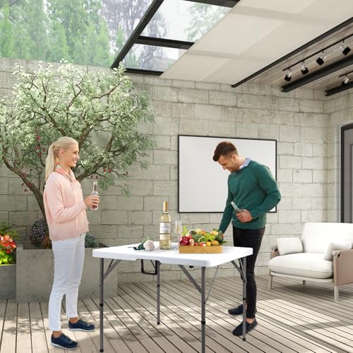34" Square Folding Card Table, Fold-in-Half Utility Dining Portable Table Heavy Duty HDPE White Plastic Foldable with Carrying Handle Indoor Outdoor for Picnic, Camping, Party