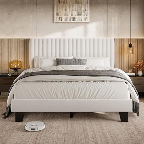 Queen Size Bed Frame with Headboard, Upholstered Velvet Platform Bedframe with Solid Wooden Slats, Noise-Free, No Box Spring Needed, Easy Assembly, White