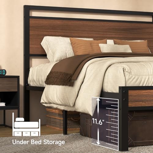 Queen Metal Bed Frame&Wooden Headboard&Footboard,No Box Spring,Walnut