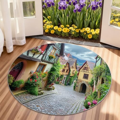 Munich Round Area Rug - 5ft Vintage Town Round Rug for Living Room, European Landscape Circle Rugs Washable Soft Non-Slip Carpet for Bathroom Bedside Sofa Coffee Table Decor Mat
