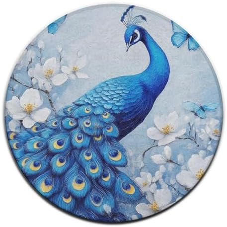 Home Decor Non Slip Kitchen Office Circle Rug, Machine Washable Modern Round Area Rug, Room Sofa Yoga Soft Round Carpet Blue Peacock and White Flowers, 36inch