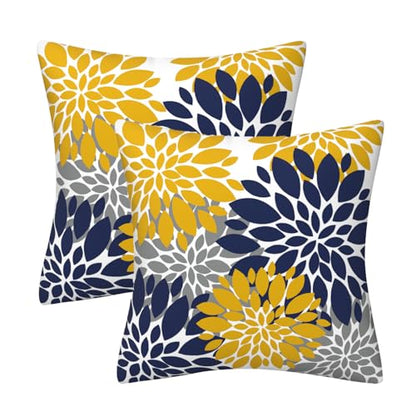 Navy Blue Yellow Grey Dahlia Floral Throw Pillows Farmhouse Decorative Throw Pillow Case Indoor Outdoor Cushion Cover Winter Pillowcase for Couch Living Room Bedroom 18 x 18 Inch Set of 2