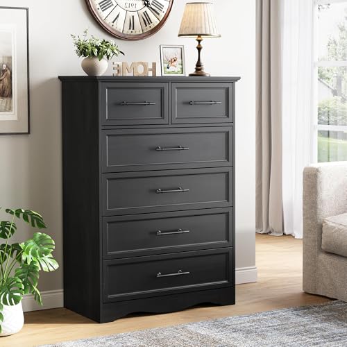 Black 6 Drawer Dresser for Bedroom, 44" Tall Chest of Drawers