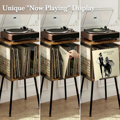 Record Player Stand with Storage Holds 100+ Vinyl Records, Industrial Turntable Stand with Storage Shelf, LP Album Organizer Cabinet for Small Spaces,Rustic End Table