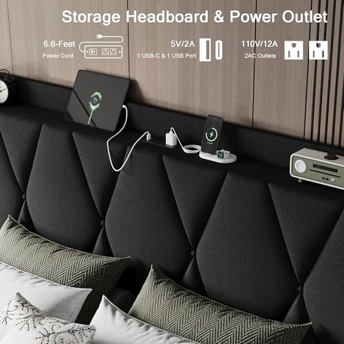 King Size Bed Frame with 4 Storage Drawers and Charging Station, Upholstered Platform Bed Frame with Storage Headboard, No Box Spring Needed, Easy Assembly, Black