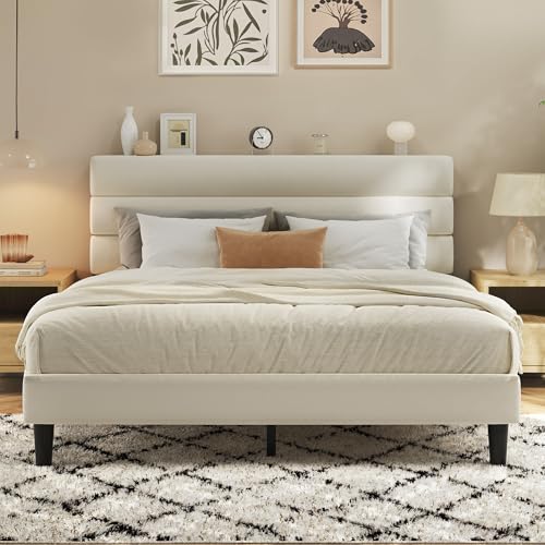 Queen Bed Frame, Platform Bed Frame with Velvet Upholstered Headboard, No Box Spring Needed, Sturdy Metal Support, Noise Free, Easy Assembly, Modern Bedroom Furniture, Beige