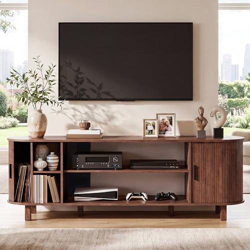 70" Mid Century TV Stand with Fluted Sliding Doors, Walnut