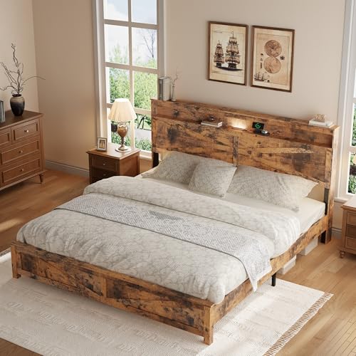 King Size Farmhouse Wooden Bed Frame with Storage Headboard