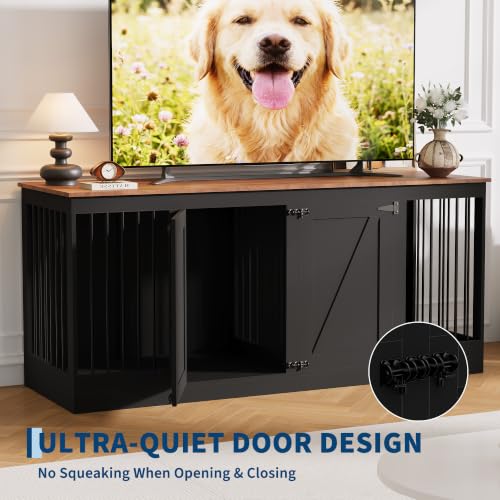 70.8" Large Dog Crate Furniture for 2 Dogs, Farmhouse Dog Crate TV Stand with Removable Divider, Heavy Duty Wooden Dog Kennel with Reinforced Steel Bars & 2 Lockable Doors