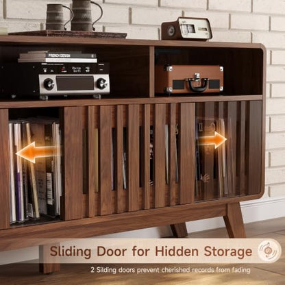 59"Large Vinyl Record Cabinet with Built-in Charging Station,Walnut | Mid Century Modern TV Stand for TVs up to 65", Record Player Table Holds 500+ Vinyl Records, Turntable Stand for Living room