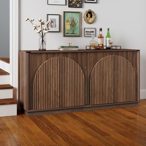 65" Sideboard Buffet Cabinet with Storage, Mid Century Modern Fluted Accent Credenza with Adjustable Shelves, Wood Media TV Console Coffee Bar Table for Dining Room, Living Room, Walnut