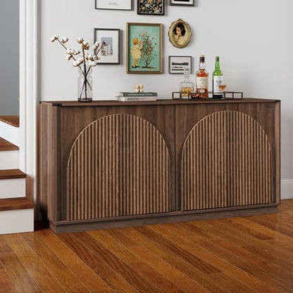 65" Sideboard Buffet Cabinet with Storage, Mid Century Modern Fluted Accent Credenza with Adjustable Shelves, Wood Media TV Console Coffee Bar Table for Dining Room, Living Room, Walnut