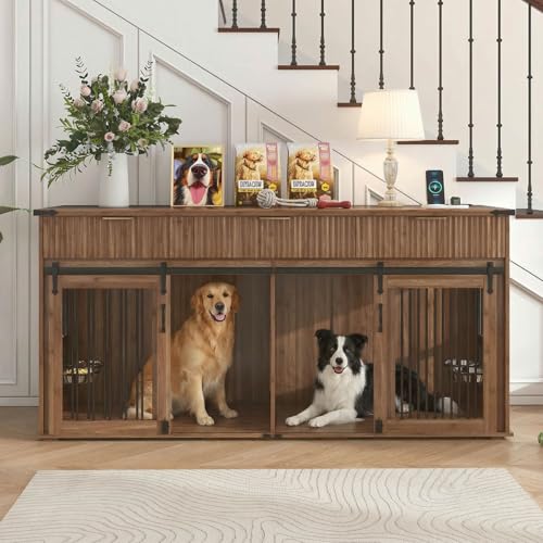 71'' Double Dog Crate Furniture, XXL Dog Kennel TV Stand,Walnut