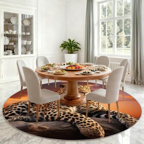 Leopard Round Rug - 8ft Washable Cheetah Print Round Area Rug for Living Room, Wildlife Circle Rugs Soft Non-Slip Carpet for Bedroom Dining Table Coffee Table Decor Mat