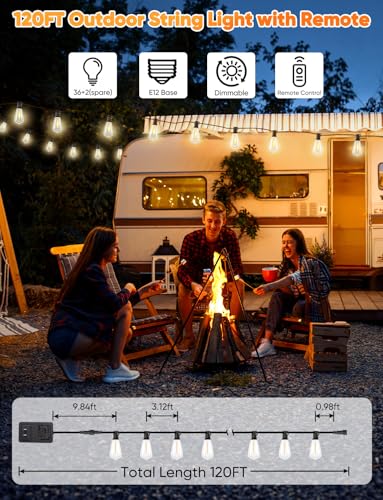 120FT LED Outdoor String Lights with Remote, Patio Lights Outdoor Waterproof with 36+2 Shatterproof ST38 LED Bulbs, Dimmable Outside Hanging Light for Porch, Garden, Backyard, Cafe, 2700K