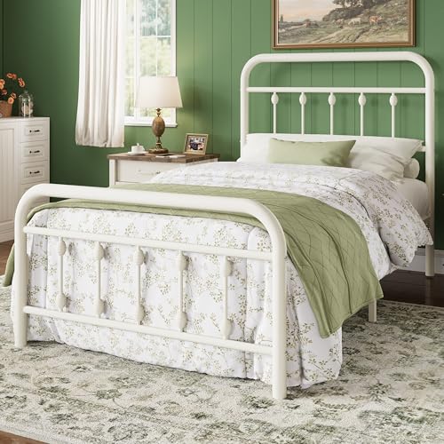 14 Inches Twin Size Metal Platform Bed Frame, Off White