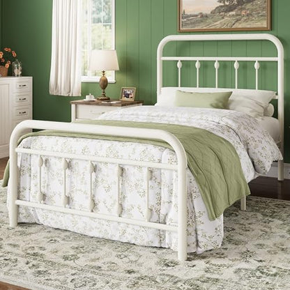 14 Inches Twin Size Metal Platform Bed Frame, Off White