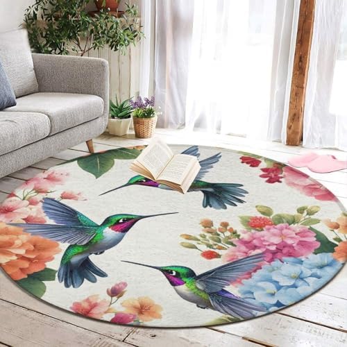 Large Home Decor Mat, Soft Round Yoga Carpet, Non Slip Machine Washable Home Office Circle Rug Bird Colorful Flowers Hummingbirds Floral