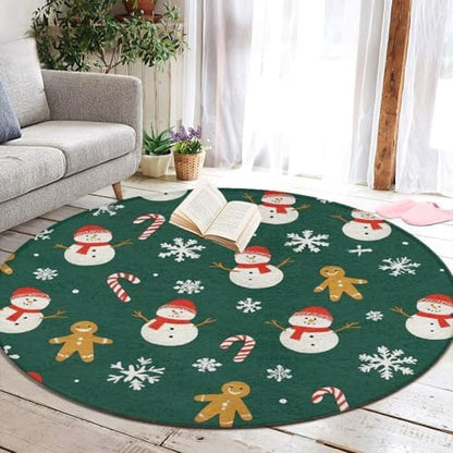 Fashion Round Area Rug Large Non Slip Carpet, Christmas Gingerbread Snowman Green Unisex Home Decor Mat