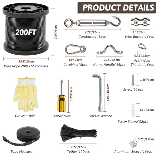 400 Ft String Light Hanging Kit Outdoor, Nylon Coated Stainless Steel 304 Wire Rope, String Light Kit Included Enough Accessories, Guide Wire for Outdoor String Lights, Patio Lights, Camping Lights