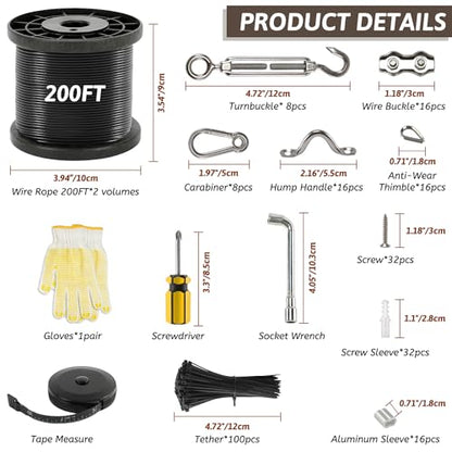 400 Ft String Light Hanging Kit Outdoor, Nylon Coated Stainless Steel 304 Wire Rope, String Light Kit Included Enough Accessories, Guide Wire for Outdoor String Lights, Patio Lights, Camping Lights