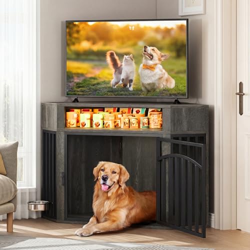 52" Corner Dog Crate Furniture with LED Light & Power Outlets